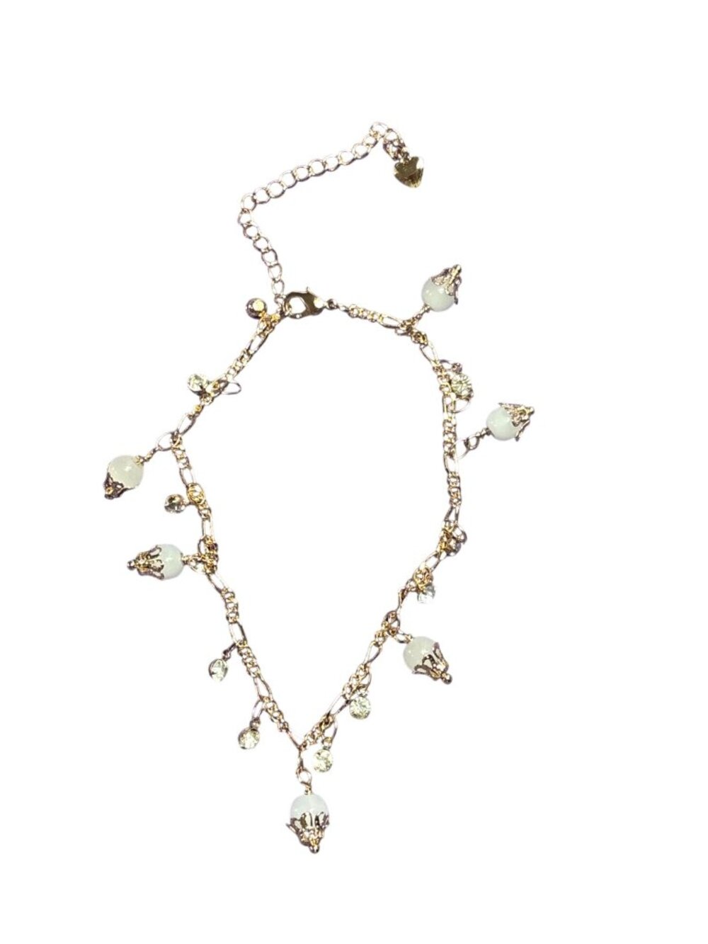 Goldtone Chain Bracelet White Glass Bead and Clear Rhinestone Fringe